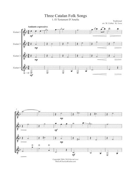 Three Catalan Folk Songs (Guitar Quartet) - Score And Parts